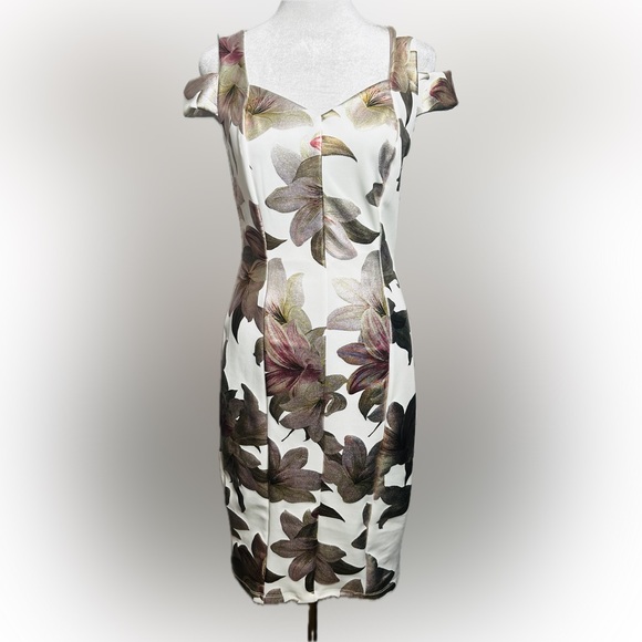NWOT Enfocus SZ4 white w/purple/rose gold/green metallic floral print midi dress - Picture 1 of 12